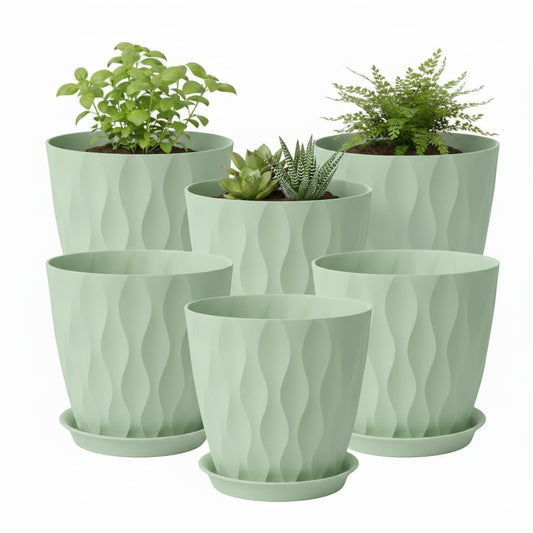 LESOASIS Plant Pots 8 Inch, 6 Pack Plastic Flower Pots for Indoor & Outdoor Plants, Planters with Drainage Holes and Saucer, Garden Pot for Plants (Green)
