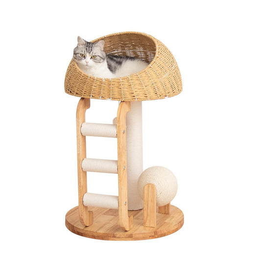 PETTIFUL Wood Cat Tree for Large Cats, Modern Cat Tree Tower with Wide Shelves Cotton Scratching Posts, Super Sturdy Base, Cozy Perches, and Interactive Toys for Indoor Kittens
