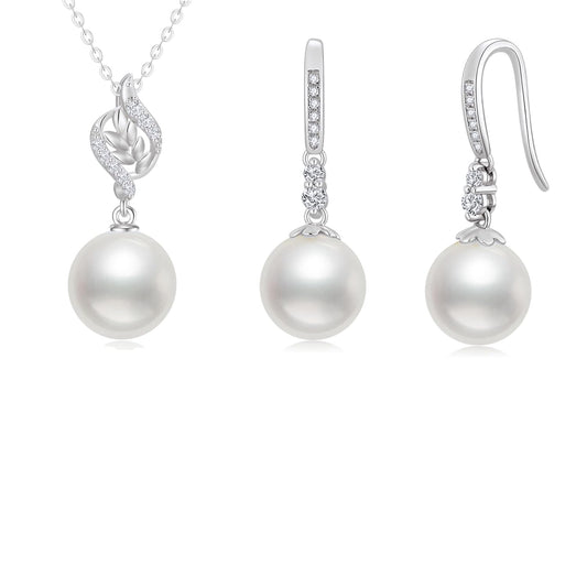 10k White Gold Diamond Pearl Necklace and Earrings Set for Women