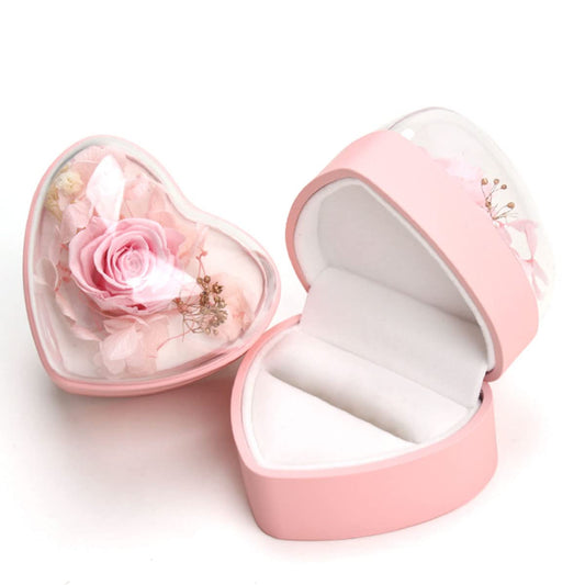 Hsiwto Preserved Flower Rose Ring Box, Heart Shape Velvet Jewelry Box for Valentine's Day Mother's Day Wedding Anniversary Birthday Gift, Pink