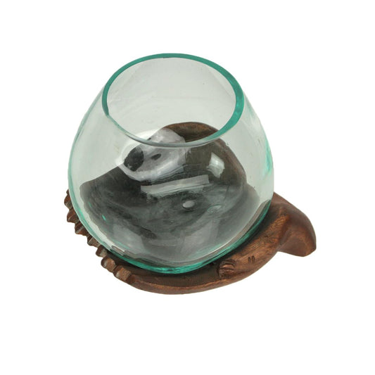 Blown Molten Glass and Carved Wood Hands Decorative Bowls, Vases, and Terrariums, 6 Inches High