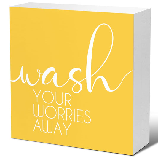 LVQHI Bathroom Decor And Accessories, Wash Your Worries Away Wooden Box Sign, Bathroom Sign Small Decorations For Shelves, Yellow Washroom Toilet Restroom Shelves Decor 5"L x 5"W x 1.1"H