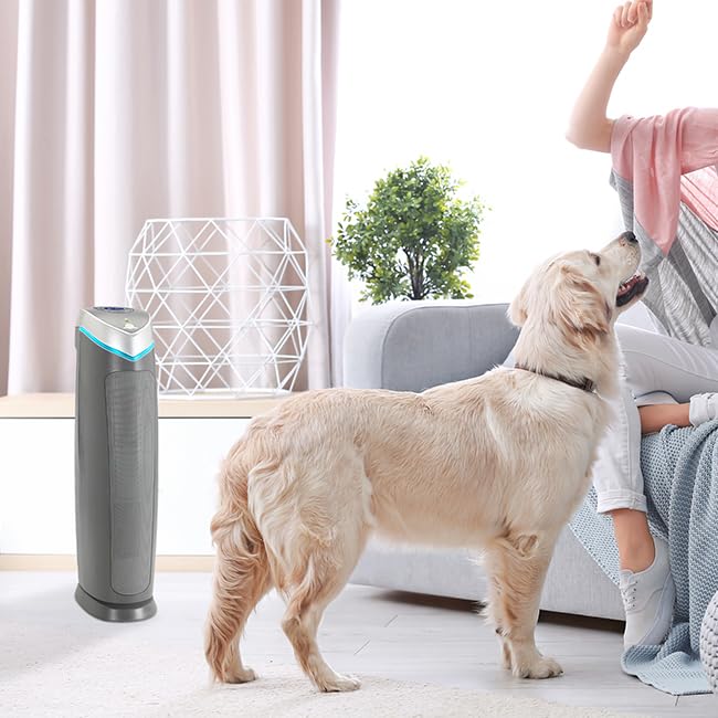GermGuardian 5-In-1 HEPA Air Purifier for Home, Large Rooms Up To 915 Sq. Ft. with HEPA Pet Air Filter, UV-C Light & Odor Reduction, AC5250PT, 28" Tower, Gray