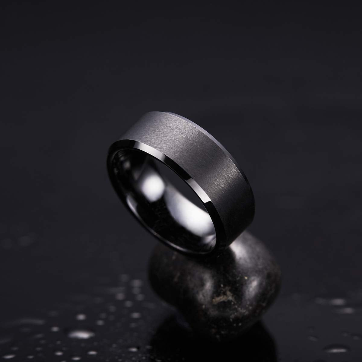 King Will 9mm Men's Black Wedding Ring - Brushed Matte Surface, Beveled Polished Edge, Comfort Fit Size 10