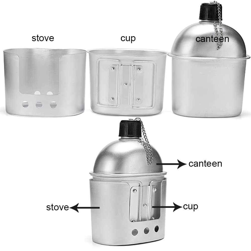 Canteen Cup Stove Pouch Kit Military Canteen with Cup for Outdoor Camping Survival Hiking Backpacking