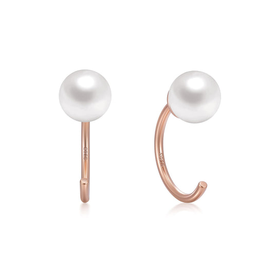 CHIC & ARTSY Backless Earrings for Women 18K Rose Gold Plated 925 Sterling Silver Half Huggie Hoop Earrings White Simulated Shell Pearl No Back Earrings Stay Close Hoop Earrings