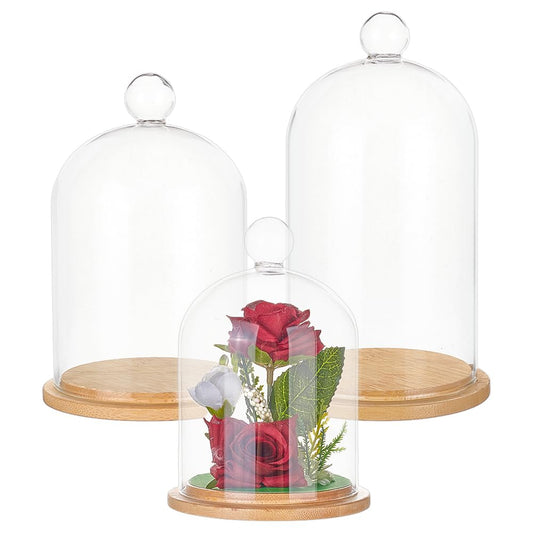 BENECREAT 3 Styles Glass Bell Shape Dome, Glass Cloche Display Dome Cloche Bell Jar Terrarium with Bamboo Base for Home Party Wedding Decor