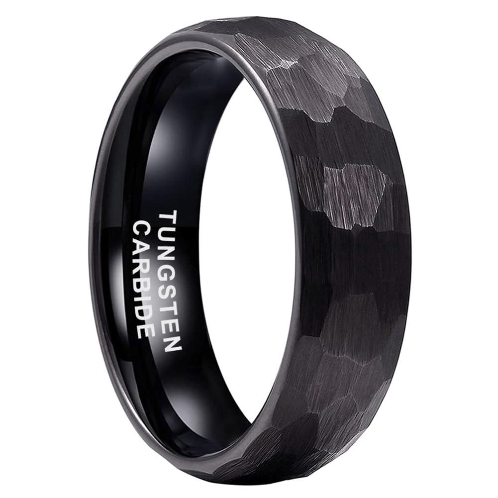 TUTISS 6mm Black Hammered Tungsten Rings for Men Women Fashion Engagement Wedding Bands Domed Matte Finish Comfort Fit Size 8