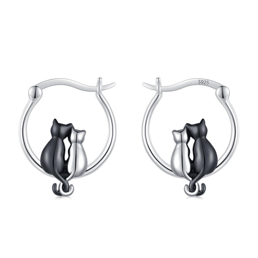Two Cats Earrings 925 Sterling Silver Black and Silver Cat Huggie Hoop Earrings Animal Jewelry Best Friend Couples Sister Gifts for Cat Lovers Women