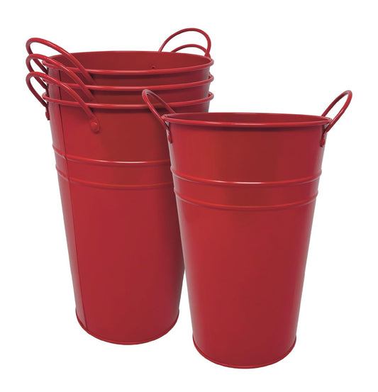 DAHO 4 Pack 9 Inch Tall Metal Planters with Handles, Flower Vases, Farmhouse Rustic Buckets for Home Decor, Garden, Patio, Party, Wedding Decorations, Farmhouse (Red, 9.06")