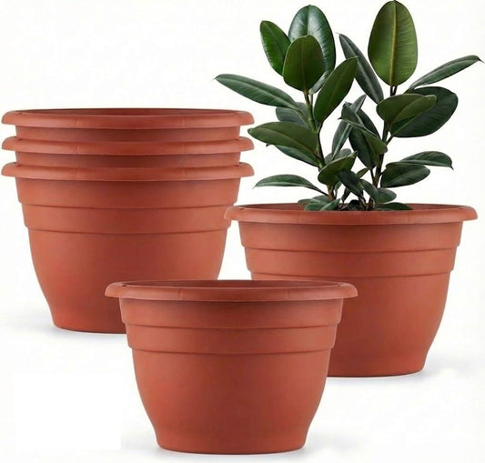RooTrimmer 5 Pack 10 Inch Plant Pots Lightweight Planters with Drainage Holes,Durable Indoor & Outdoor Flower Pots for Garden,Patio & Home Decor(Pottery Red)