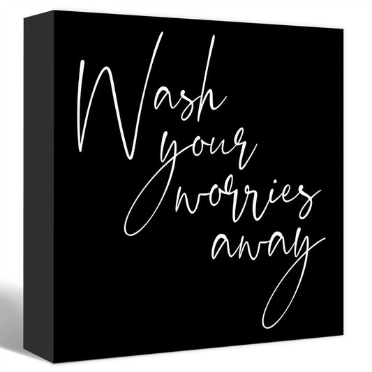 SJNH Wash Your Worries Away Sign Wood Block,Funny Black Bathroom Wooden Box Sign for Bathroom Shelf Washroom Toilet Restroom Shelves Decor 5" L x 5" W x 1.1" H