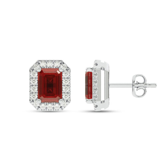 10K Ruby White Gold Diamond Stud Earrings | 1/4 CTTW Lab Grown Diamond and 1 1/2 CTTW Emerald Cut Red Ruby Studs | Ideal Birthstone Jewelry Gifts