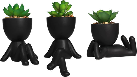 Zerzsy 3 PCS Cute Artificial Succulent Plants with Creative Ceramics Human Shaped Pots, Mini Potted Plants Black Bathroom Fakeplants, Faux Succulent Desk Decor for Home Office Shelf Decor