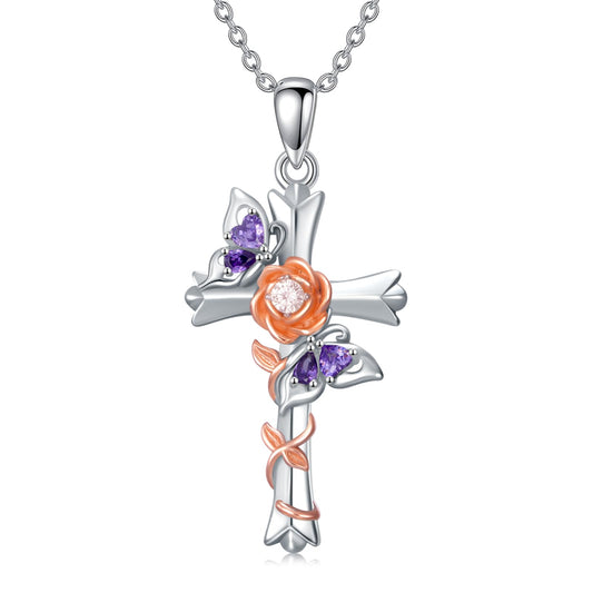 Butterfly Rose Necklaces 925 Sterling Silver for Women Double Purple Butterfly Necklace Pink Rose Cross Pendant Christian Faith Jewelry Mothers Day Gifts for Mom Lover Graduation Birthday Gift