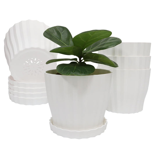 KAHEAUM Flower Pots Outdoor Clearance 6 inch Set of 5 Succulent Planters for Indoor Plants Garden Home Holiday, Plastic Nursery Pots for Plants with Drainage Holes and Saucer, Modern Plant Pot White