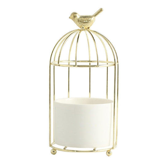 CAXUSD Decorative Iron Rack Flowerpot with Ceramic Planter Gold Plated Birdcage Style Stand Indoor Outdoor Gardening Container for Balcony and Home Plant Display