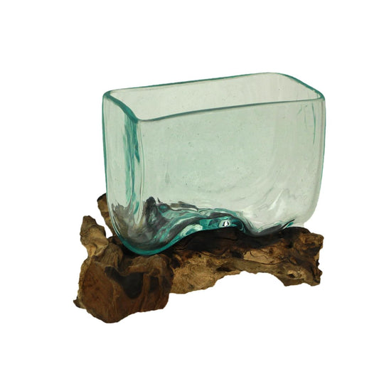 Melted Molten Glass on Teak Driftwood Rectangular Decorative Bowl, Vase, or Planter - Approximately 5.75 Inches High - Nature-Inspired Elegance for Home and Patio Terrarium