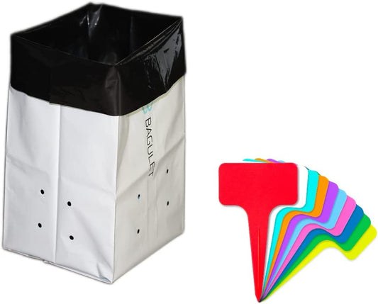 BAGULET Plastic Grow Bags - 3 Gallon Bag - 50 Pack - UV Protected Plant Nursery in White and Black Poly - Great for Garden Growing Potato Seedling Mushrooms Vegetables - 10 Plastic Tags Included
