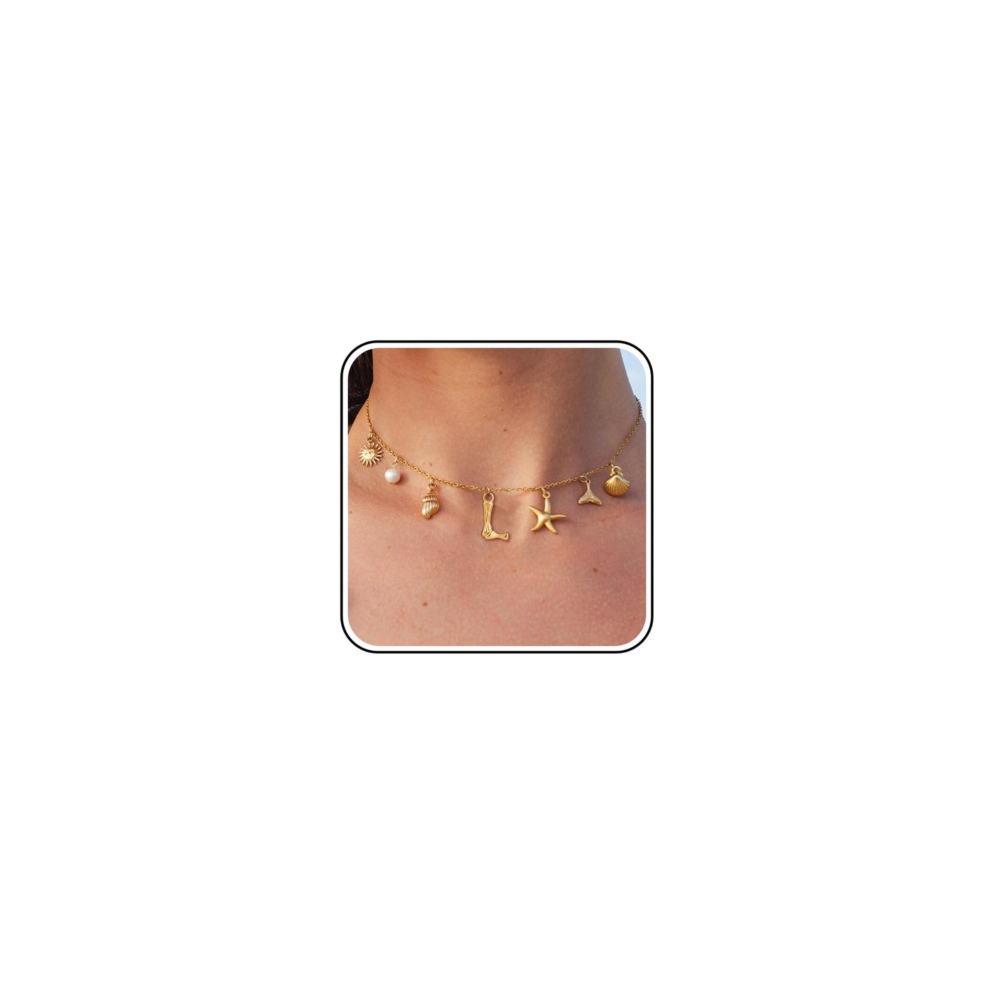 SLOONG Initial Charm Necklace 14K Gold Plated Letter Neckalce Freshwater Pearl Necklace Choker Boho Summer Seashell Beach Starfish Surfer Jewelry Gifts for Women L