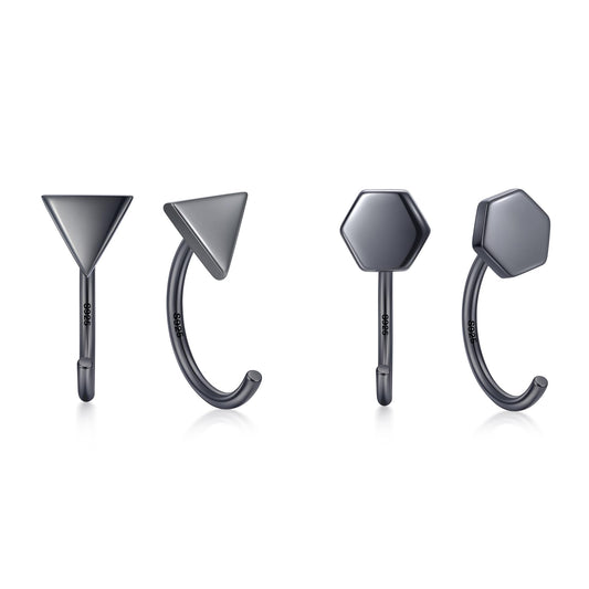 CHIC & ARTSY Backless Earrings for Women 925 Sterling Silver Half Huggie Hoop Earrings Ardant Stay Close Hoops Black Triangle and Hexagon No Back Earrings Set Everyday Earrings