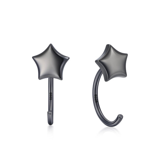 CHIC & ARTSY Backless Earrings for Women 925 Sterling Silver Half Huggie Hoop Earrings Ardant Stay Close Hoops Black Star No Back Earrings