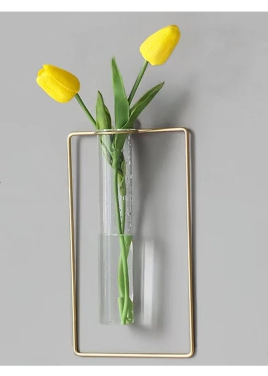 Nordic Wall Vase,Gold Geometric Vase Hanging Hydroponic Planter,Wall-Mounted Metal Glass Tube Bud Vase Decorative for Centerpieces Wedding Home Decor(Gold 1)