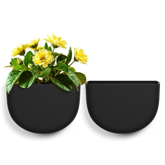 Asnext 2 Pack Wall Hanging Planter Pots for Indoor and Outdoor Plants, 7 Inch Half-Moon-Shaped Plastic Wall Planter, Wall Mounted Succulent Planters (Black)