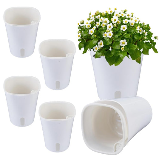Doodlream 6 Kits Self Watering Pots for Indoor Plants, 4.93inch White Plastic Self Watering Planters for Herbs Succulents, Garden Decorative Flower Pots with Water Visual Window, Water-Absorbing Rope