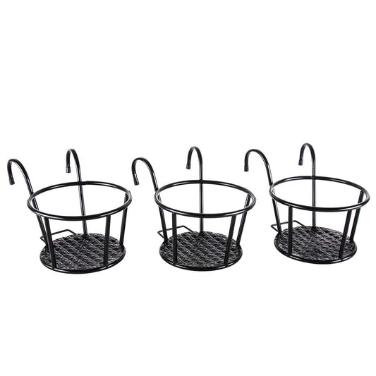 HowRU Iron Art Hanging Baskets Flower Pot Holder - Over The Rail Metal Fence Planters - Pack of 3 - Black