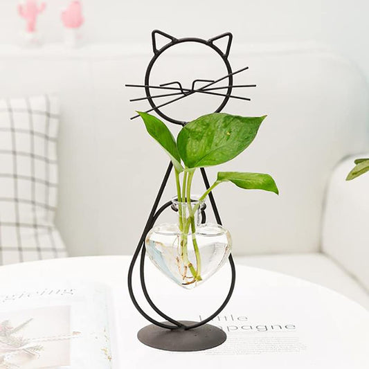 Lifeuping Desktop Heart Glass Planter Vase Holder, Cat Plant Metal Stand Cat Gifts for Hydroponics Plants Terrarium Home Garden Decor Outdoor Planter Ideas Cat Lovers