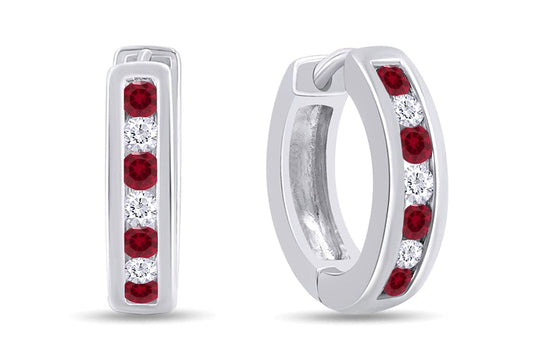 Huggie Earrings for Women, 14K White Gold Over Sterling Silver Hoop Earrings with Simulated Ruby and White Cubic Zirconia, Dainty Elegant Jewelry Gift