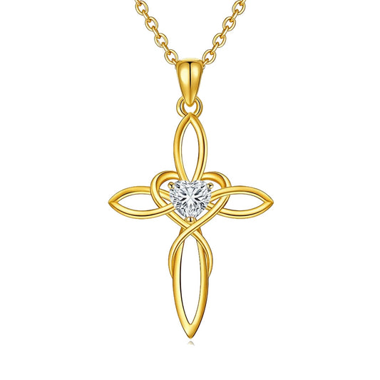 POIUY Celtic Knot Cross Birthstone Necklace for Women Irish Infinity 14K Gold Heart Pendant Cross Jewelry Anniversary Valentines Birthday Mothers Day Gifts for Mom Wife Her