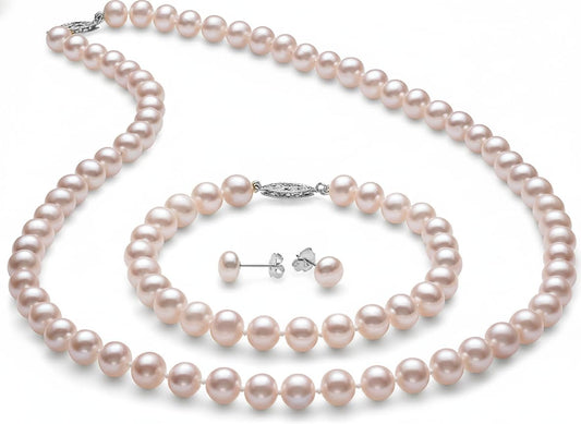 Belacqua AAA Quality Freshwater Real Pearl Jewelry Set in 14K White Gold, 7.0-8.0mm Pink Round Pearls, 18" Necklace, 7.5" Bracelet, Button Stud Earrings, Jewelry for Women, Gift Box Included