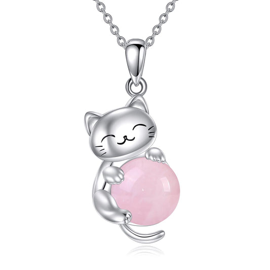 YAFEINI Cat Necklace 925 Sterling Silver Moonstone/Rose Quartz Pendant Jewelry for Women Cat Lovers (Rose Quartz)