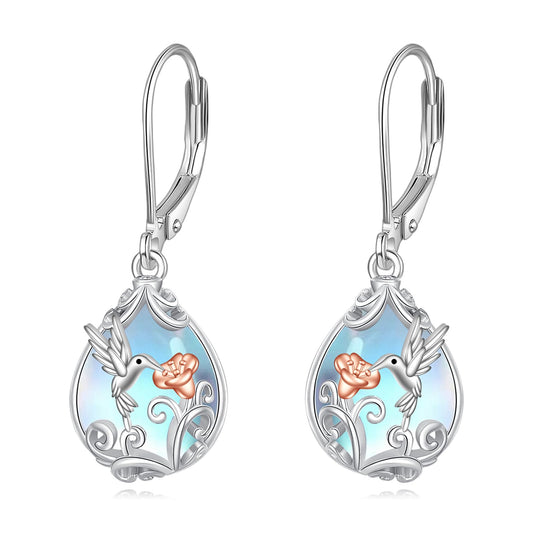 POPLYKE Moonstone Hummingbird Teardrop Drop Dangle Earrings Sterling Silver Leverback Earrings Moonstone Jewelry Gifts for Women