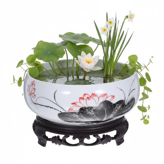 Veemoon Ceramic Lotus Bowl Planter, Chinese Hydroponic Pot with Base Round Pottery Shallow Planter Flower Plant Succulents Bowl Thickened No Drainage Pot for Indoor Outdoor Zen Garden Decor (6.68")