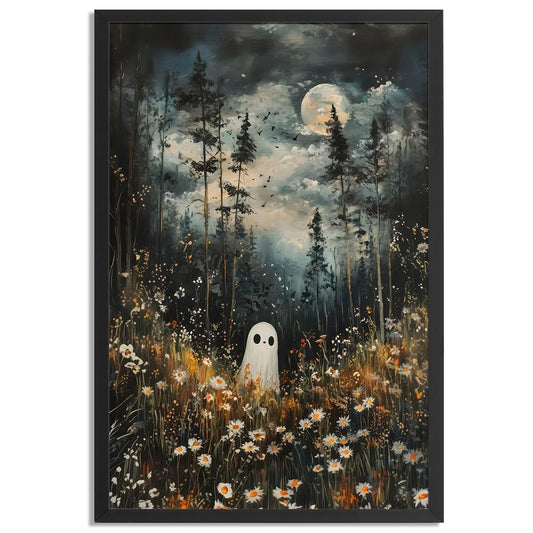 Black Framed Dark Academia Wall Art Ghost In Magical Forest Poster For Halloween Victorian Gothic Room Wall Decor-Vintage Goth Art Canvas Prints Picture Hang To Bedroom