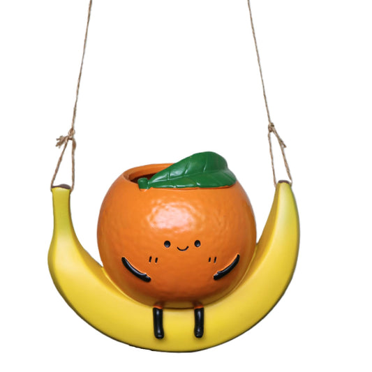 Apple or Orange Hanging Planters, Cute Resin Swing Plant Pots with Drainage for Succulents, Cactus, Spider Plants, Indoor Outdoor Garden Home Decor, Small Hanging Pots for Plant Lovers Gift (Orange)