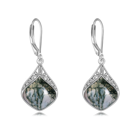 Moss Agate Earrings Sterling Silver Filigree Irish Celtic Teardrop Seaweed Agate Drop Earrings Jewelry Christmas Gifts For Women