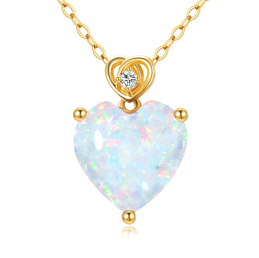 NFYBD 14k Gold Love Heart White Opal Birthstone Pendant Necklace for Women 3 Carat Heart-cut Created Gemstone Anniversary Birthday Mother's Day Necklaces for Her 16+1+1 inch-Opal