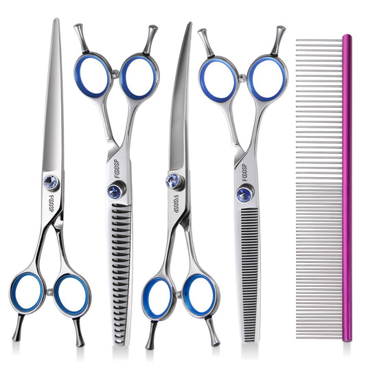 Left Handed Dog Grooming Scissors Kit 8 in Professional Curved Thinning Straight Shear 3pcs Set for Grooming Big Dogs Poodle Pet Japan 440C Stainless Steel(8.0'' Kit, 4Pcs)