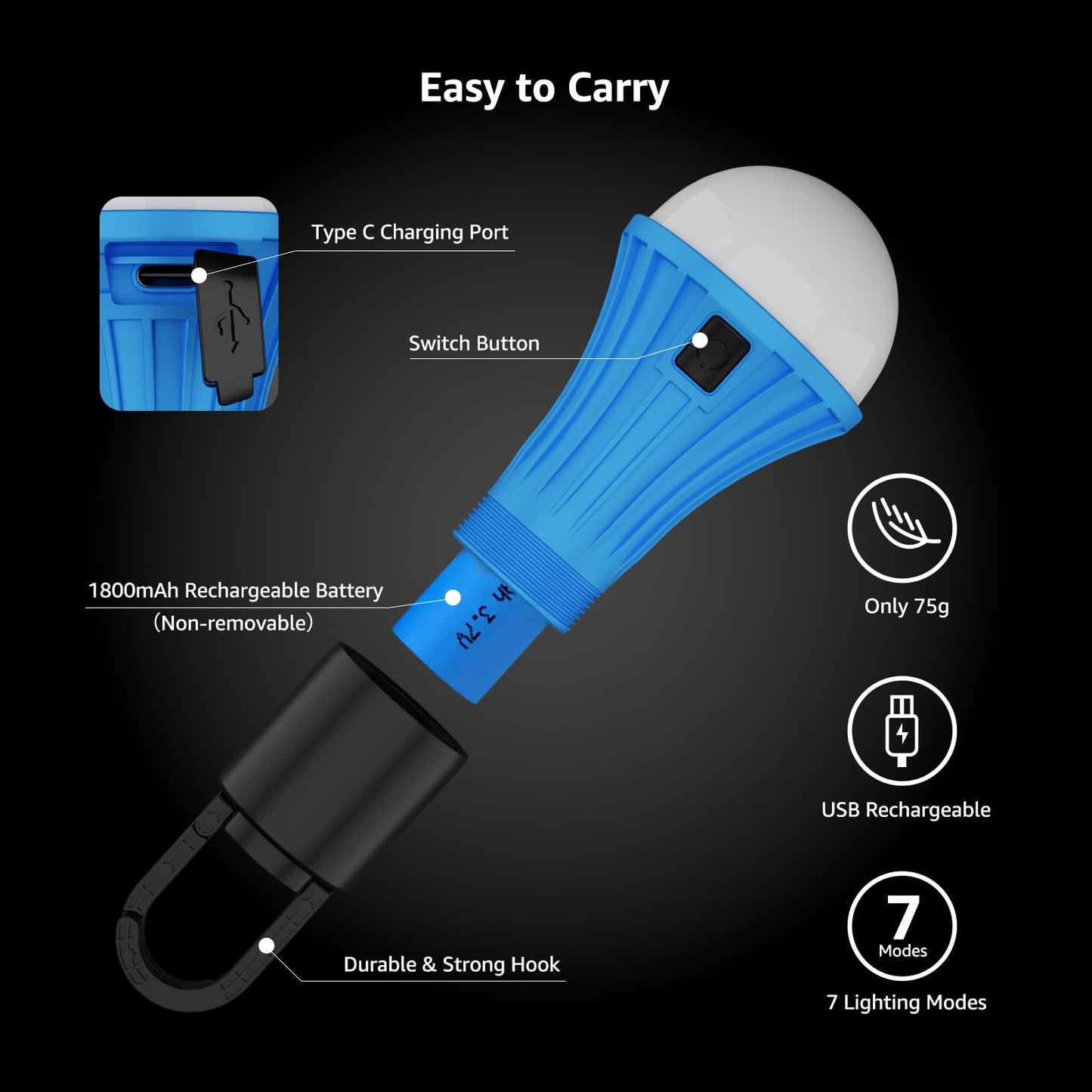 Lepro LED Rechargeable Camping Lantern, 7 White and RGB Light Modes, Camping Essentials, Hanging Light Bulbs with Clip Hook for Camping, Christmas, Decorations, Emergency, USB Cable Included, 2 Packs