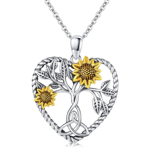 CHENGHONG Sunflower Necklace 925 Sterling Silver Tree of Life Necklace Heart Sunflower Sunshine Jewelry Gifts for Women