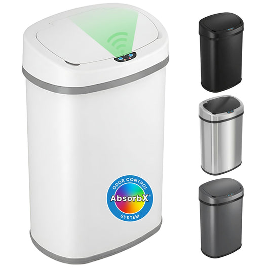 iTouchless 13 Gallon Oval Motion Sensor Garbage Container with Odor Filter, 50L Touchless Stainless Steel Kitchen Bin, Smart Automatic Lid, Fingerprint-Proof, Soft-Close, Brilliant White