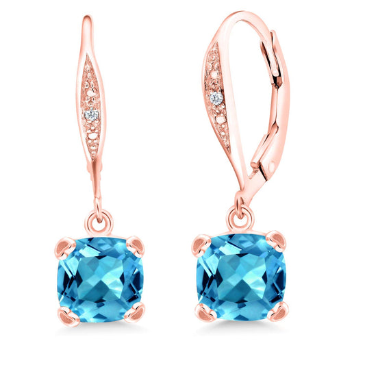 Gem Stone King Drop Dangle Earrings For Women | 7MM Cushion Cut Gemstone Birthstone and Diamond | 925 Sterling Silver | Jewelry Gift for Mom Wife Her | Swiss Blue Topaz-November | Rose Gold