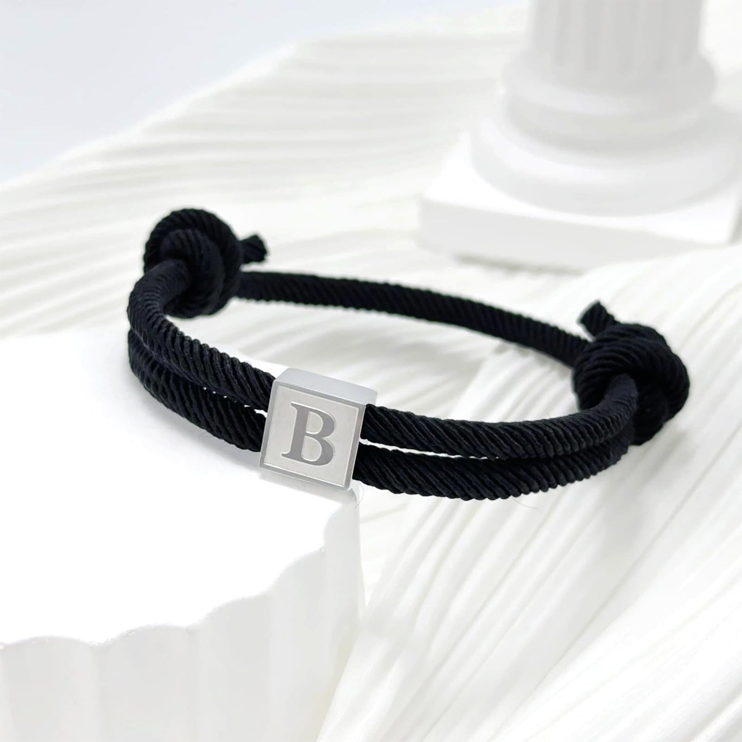 BHDJSHX Stainless Steel Initial Bracelet for Men - Adjustable Black Braided Cord with A-Z Letter (7-13 Inches) - Unisex Jewelry for Brothers, Son, Boyfriend, or Girlfriend(P)