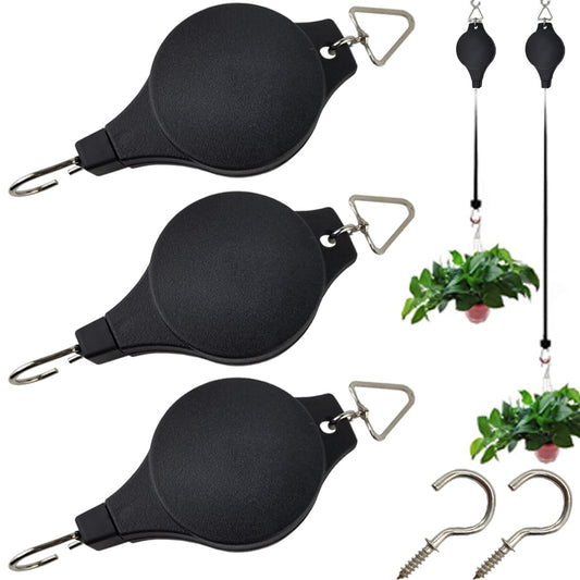 TIHOOD 3PCS Plant Pulley with 3PCS Ceiling Hooks Retractable Pulley Plant Hanger Hanging Flower Basket Hook Hanger for Garden Baskets Pots and Birds Feeder in Different Height Lower and Raise