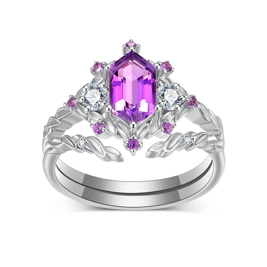 LieYovanaRing 1CT Hexagon-Cut Amethyst Wedding Ring Set 18K White Gold Platinum Plated Silver Three Stones Bridal Sets,S925 Amethyst Moissanite Engagement Ring Sets for Women Jewelry Gift for Anniversary Birthday (Size 8)