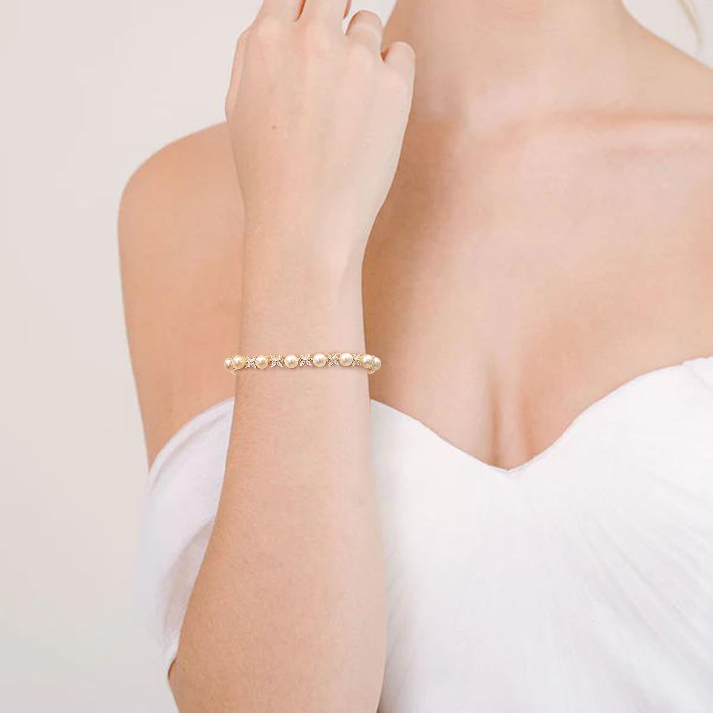 EVER FAITH Wedding Jewelry for Bride White Marquise Cubic Zirconia Cream Faux Pearl Floral Bridal Prom Tennis Bracelet for Women Clear Gold-Plated-Brass